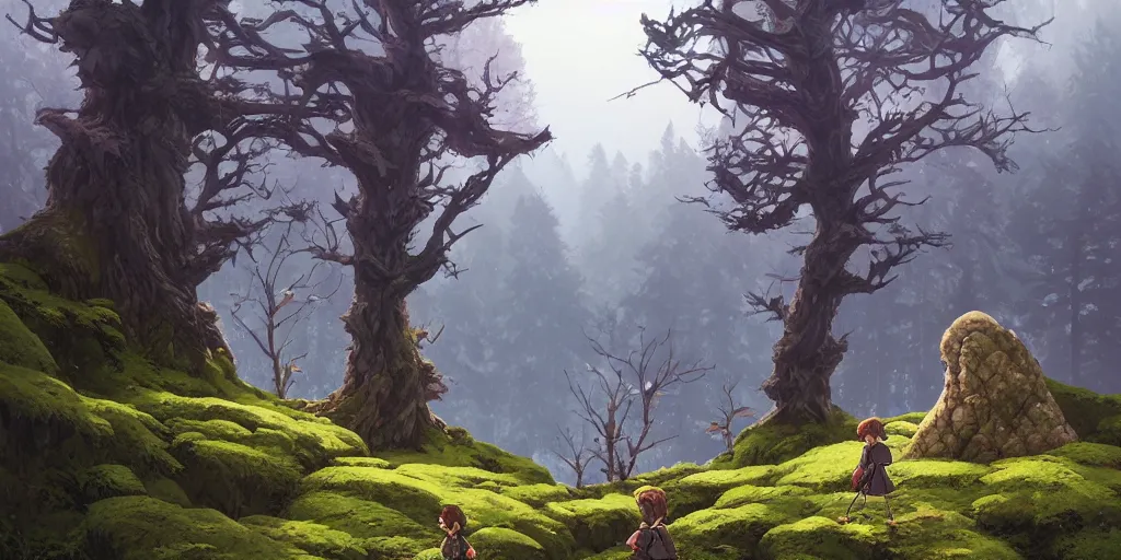 Image similar to a lonely forest background in transylvania, rocks, dead trees, a castle in the background, moss, in the style of studio ghibli, j. c. leyendecker, greg rutkowski, artgerm