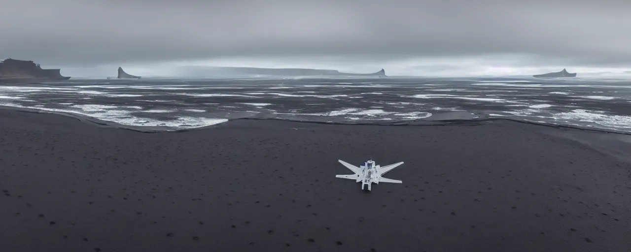 Image similar to cinematic shot of giant symmetrical futuristic military spacecraft in the middle of an endless black sand beach in iceland with icebergs in the distance,, 2 8 mm