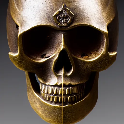Image similar to skull with a samurai helmet old bronze statue, intricate detail, full shot, museum lighting