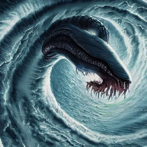 Image similar to top down view of an alien sea serpent emerging from a deep ocean during a storm, cinematic lighting, dramatic, masterpiece, trending on artstation