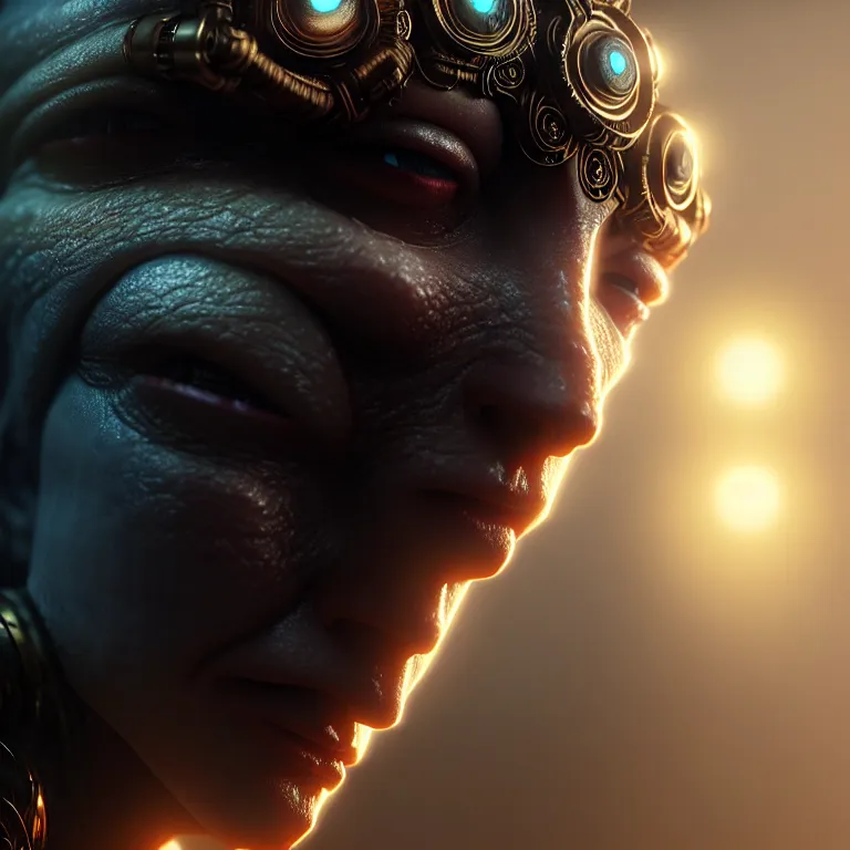 Prompt: ultra realistic beautiful cyborg deity eyes closed, fantasy, intricate details, movie still, highly detailed, photorealistic, octane render, eerie, 8k, art by james clyne and greg rutkowski and michael welan
