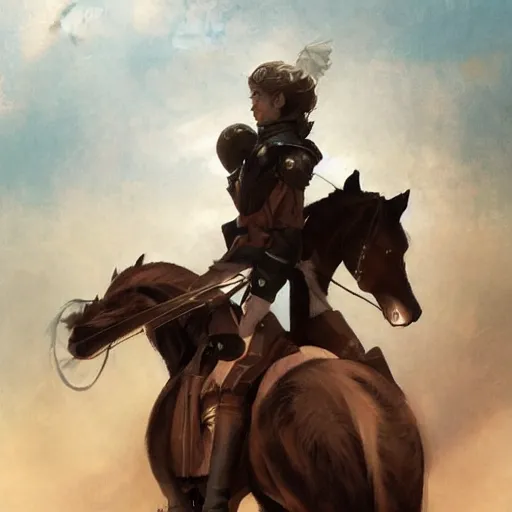 Image similar to a rider on the back of a horse, a storybook illustration by krenz cushart and phil hale, pixiv contest winner, fantasy art, official art, concept art, storybook illustration. detailed masterpiece. symmetrical face.