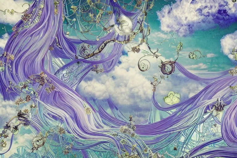 Image similar to simplicity, a huge flock of many ornate mottled puffy filigreed clouds tangled into large whirling ultra detailed crystal specimens, art nouveau jungle environment, playful, award winning art, epic dreamlike fantasy landscape, ultra realistic,