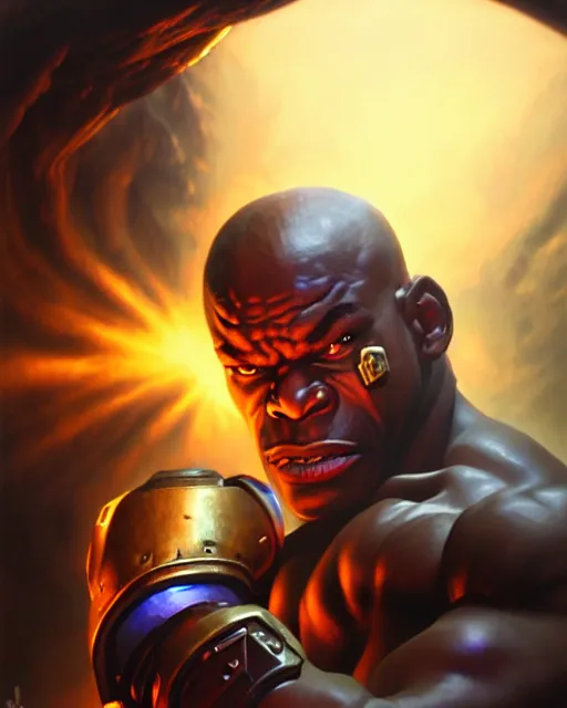 Image similar to doomfist from overwatch, fantasy, fantasy art, character portrait, portrait, close up, highly detailed, intricate detail, amazing detail, sharp focus, vintage fantasy art, vintage sci - fi art, radiant light, caustics, by boris vallejo