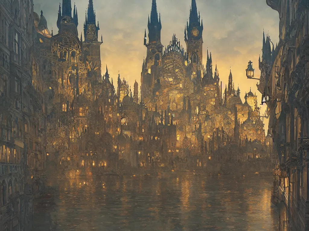 Image similar to a bell jar containing a city resembling prague, paris, and venice at dusk, intricate, elegant, highly detailed, digital painting, artstation, concept art, smooth, sharp focus, colored illustration for tattoo, art by krenz cushart and artem demura and alphonse mucha,