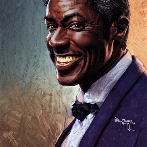 Image similar to portrait of a handsome, dark skinned man smiling brightly, in his 5 0 s with salt and pepper hair and sharp cheekbones, dressed in expensive clothes, detailed face, smooth, sharp focus, graphic novel, art by artgerm and greg rutkowski and pepe larraz,