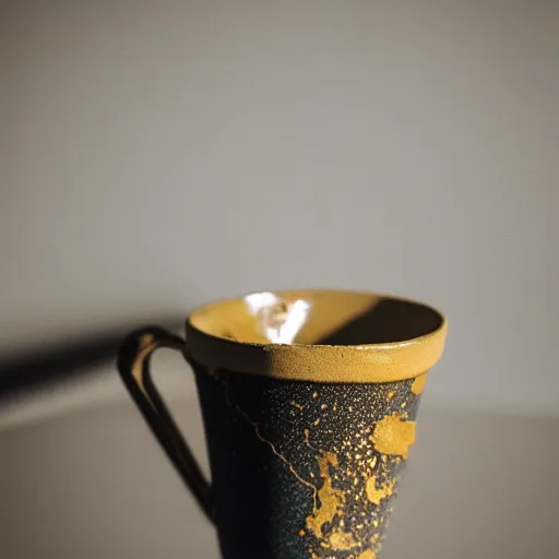 Image similar to photo of a cracked ceramic cup repaired with gold, kintsugi, kitchen counter, natural light, beautiful, cinematic, high detail,