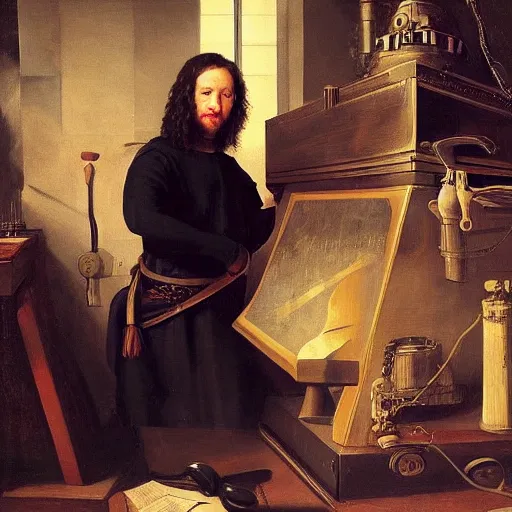 Prompt: Mark Zuckerberg as a long haired medieval scientist building a futuristic time machine, by Diego Velázquez