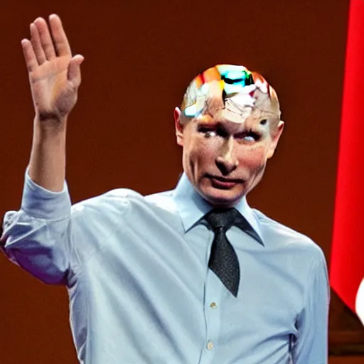 Image similar to Vladimir Putin dressed as a ballerina on a stage, the public laughs of him,