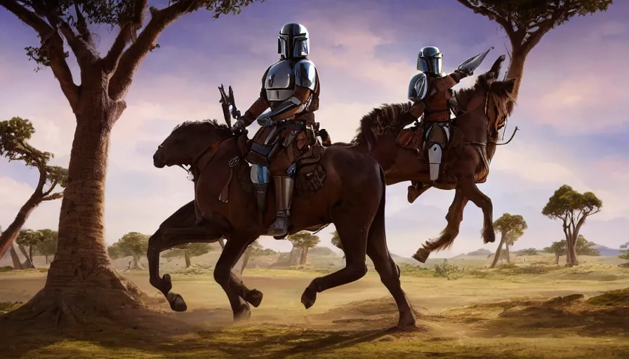 Image similar to mandalorian riding a horse, madagascar with baobabs trees in the background, action scene, an epic fantasy, artgerm and greg rutkowski and alphonse mucha, an epic fantasy, volumetric light, detailed, establishing shot, an epic fantasy, cinematic, photorealistic, ultrarealistic, trending on art station, octane render, midsommar