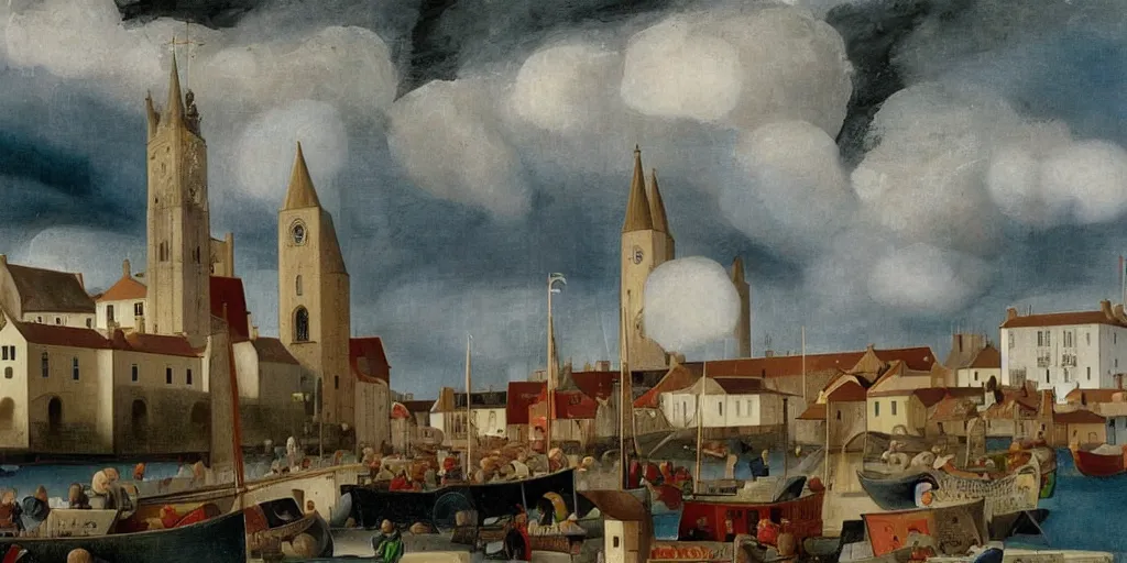 Image similar to a painting of the harbour at Kirkwall, orkney islands, small houses, boats, a cathedral, crowds gather, sea, stormy clouds, by Fra Angelico