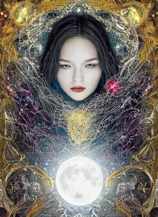 Image similar to glowing silver and golden elements, full close-up portrait, A beautiful dark witch in front of the full big moon, book cover, colorful gems, green forest, red white black colors, establishing shot, extremly high detail, foto realistic, cinematic lighting, pen and ink, intricate line drawings, by Yoshitaka Amano, Ruan Jia, Kentaro Miura, Artgerm, post processed, concept art, artstation, matte painting, style by eddie, raphael lacoste, alex ross