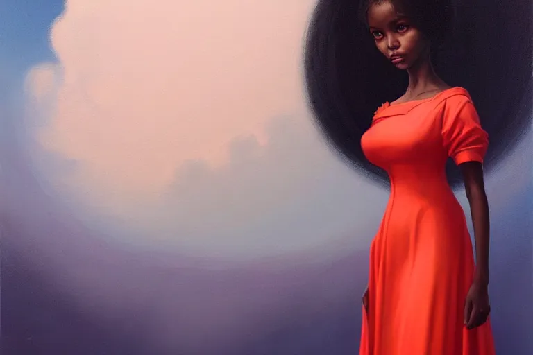 Image similar to ☁🌪🌙👩🏾, soft elegant gown, neon god of city character portrait, in the style of margaret keane, moebius, tom bagshaw, and waterhouse, cinematic lighting, beautiful, elegant, oil painting,