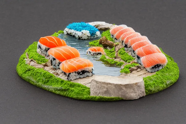 Prompt: miniature island made of sushi, diorama picture, 5 5 mm, sushi - island