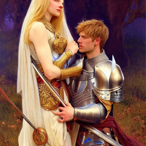 Image similar to attractive arthur pendragon and his favourite attractive male knight, they are in love, camelot, natural lighting, path traced, highly detailed, high quality, digital painting, by gaston bussiere and ross tran and j. c. leyendecker and alphonse mucha