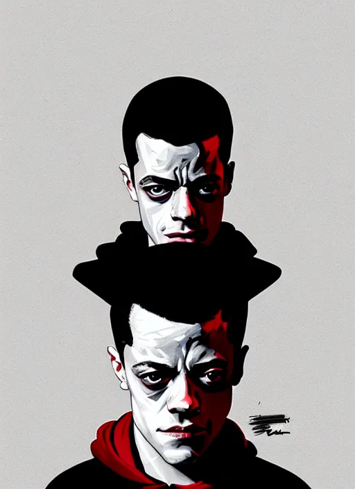 Image similar to highly detailed moody portrait of rami malek, elliot anderson, black hoody by atey ghailan, by greg rutkowski, by greg tocchini, by james gilleard, by joe fenton, by kaethe butcher, gradient red, black and white color scheme, grunge aesthetic!!! ( ( graffiti tag wall background ) )