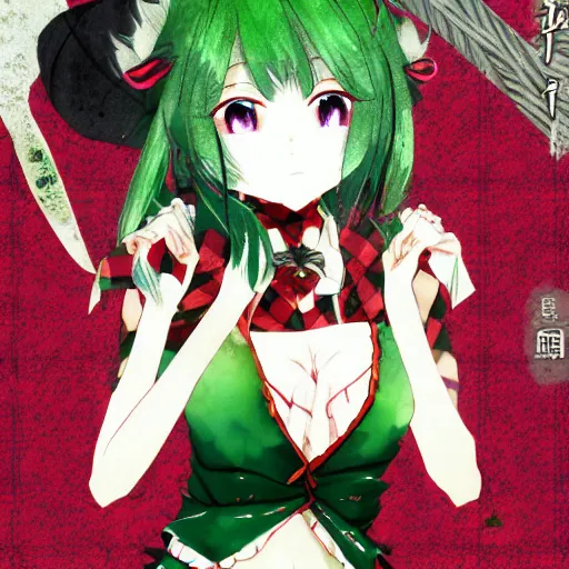 Prompt: an intimidating female flower plant youkai woman, yuuka kazami, with short wavy green hair and burning piercing red eyes, wearing a red plaid dress, 4 k digital beautiful detailed character art portrait