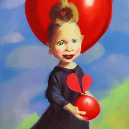 Prompt: painting of a little girl holding a red balloon by dr seuss | horror themed | creepy