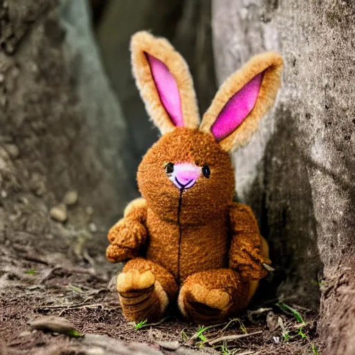 Image similar to a photo of a little brown ninja bunny that is a plush muppet wearing a cool ninja outfit and posed out in nature, photorealistic, photography, ambient occlusion, rtx, national geographic