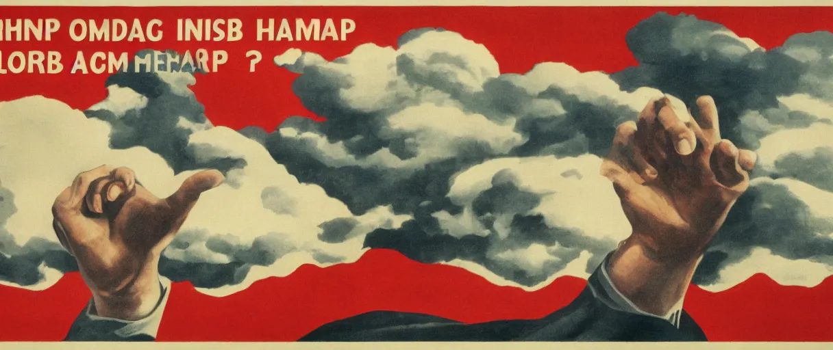 Prompt: an ominous and foreboding hand descending from the clouds demanding payment in the style of a communist propaganda political poster