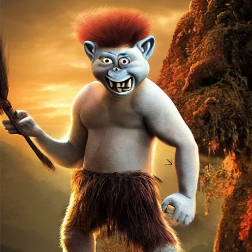 Image similar to an adult troll is shown in the photo photorealistic style of a film poster in the style of zd
