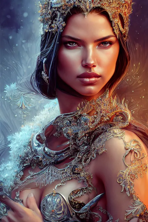 Image similar to photography of adriana lima, ornament crown, organic crystals, frost, deep focus, d & d, fantasy, intricate, elegant, highly detailed, digital painting, artstation, concept art, matte, sharp focus, illustration, hearthstone, art by artgerm and greg rutkowski and alphonse mucha