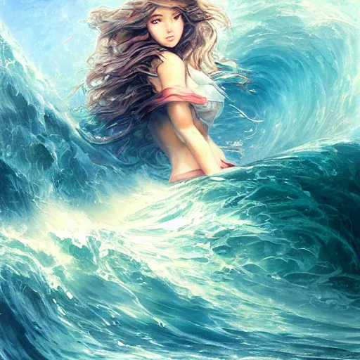 Image similar to portrait of beautiful woman in big waves at sea, long hair blowing in the wind, an oil painting by ross tran and thomas kincade, studio ghibli