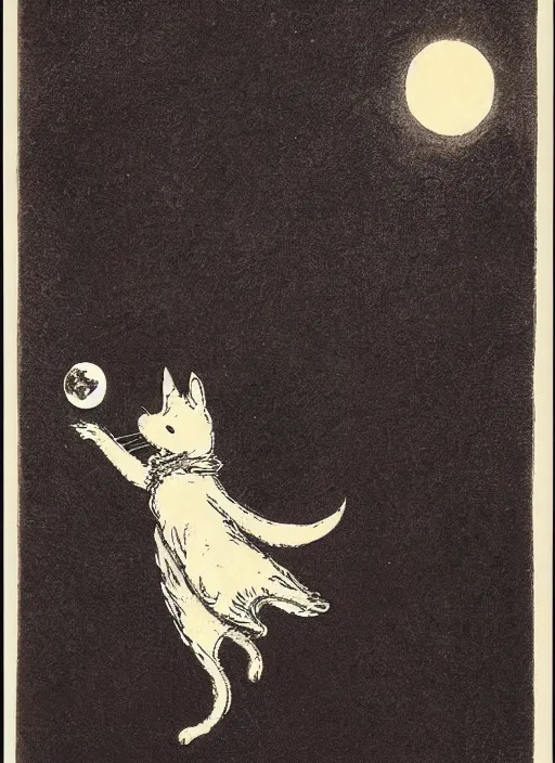 Image similar to silhouette howling at the moon, illustrated by peggy fortnum and beatrix potter and sir john tenniel