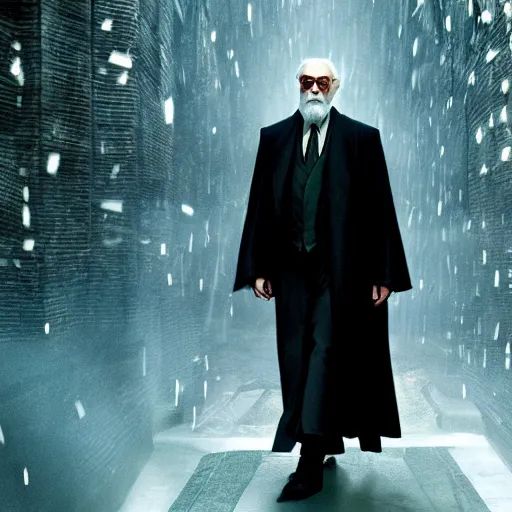 Image similar to Movie still of Albus Dumbledore in Matrix with shades