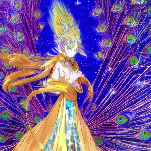 Prompt: portrait from an anime of an ethereal colorful gold blue starry peacock fox spirit hybrid character accented in bright metallic gold, wearing star filled magic imbued mage robes, art by yuji ikehata, background art by miyazaki, serious cartoon, proper human proportions, fully clothed