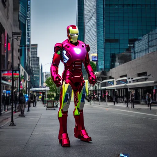 Prompt: ironman spotted in the city, tmz, sony a 7 r iv, symmetric balance, polarizing filter, photolab, lightroom, 4 k, dolby vision, photography award