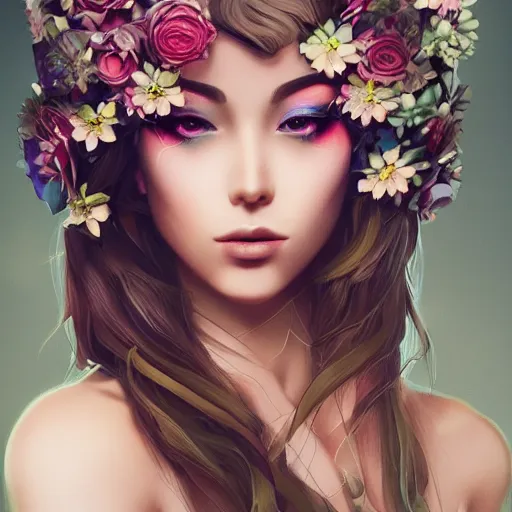 Prompt: dslr photo of a beautiful female with detailed face, wearing flowers, artgerm, artstation, extremely high quality, moody lighting, photography by deviantart, 8 k