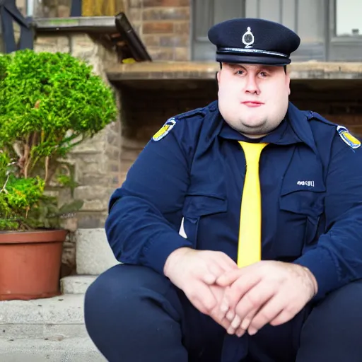 Image similar to clean - shaven chubby chubby chubby 3 2 year old caucasian man from uk. he is wearing navy police sweater and necktie and black boots and police helmet. he is sitting on the porch of his house at night.