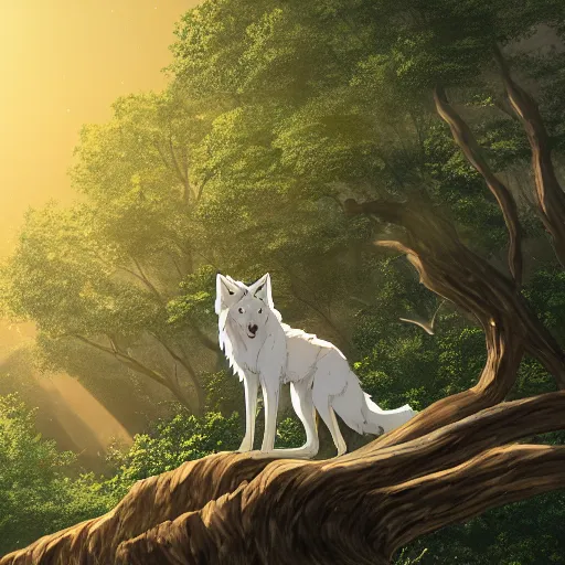 Image similar to highly detailed digital art of a magestic white wolf standing on an overgrown fallen tree trunk, lush surroundings, sunshine, kimi no na wa, trending on artstation, tranquil