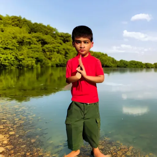 Prompt: in the style of Aurelio Rodríguez, a boy stand in the lake,some fish ,summer , close up, very high environmental details, very high facial details, 4K ,