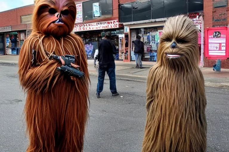 Prompt: chewbacca wearing a weave in front of a pawn shop