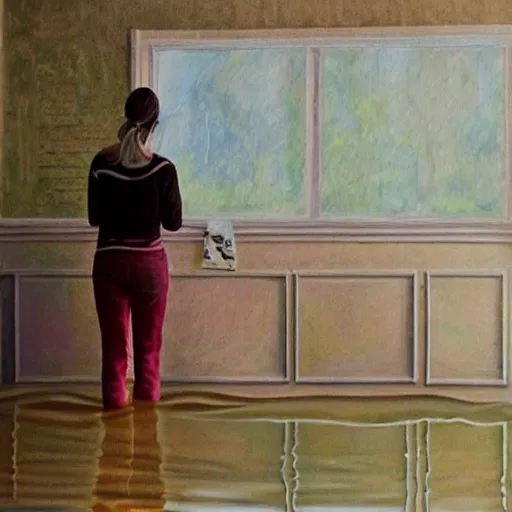 Prompt: painting of Elle Fanning in a flooded house interior, by metaphysical style