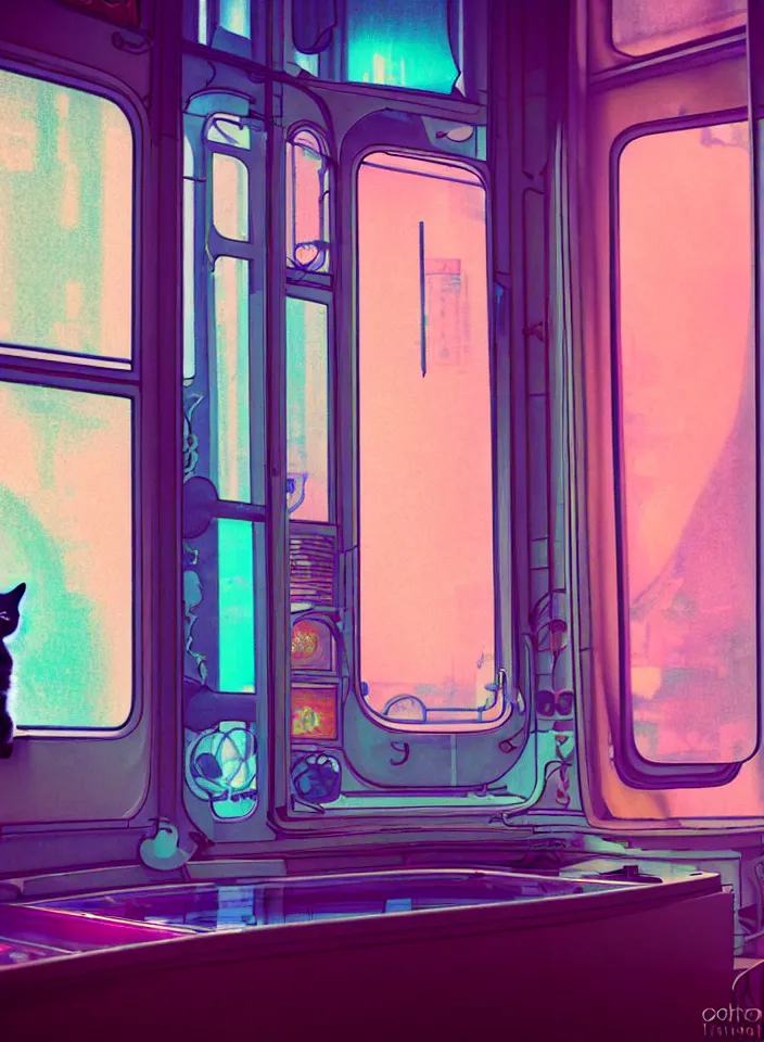 Image similar to telephoto 7 0 mm f / 2. 8 iso 2 0 0 photograph depicting the feeling of chrysalism in a cosy safe cluttered french sci - fi ( ( art nouveau ) ) cyberpunk apartment in a pastel dreamstate art cinema style. ( cat ) ( ( fish tank ) ), ambient light.