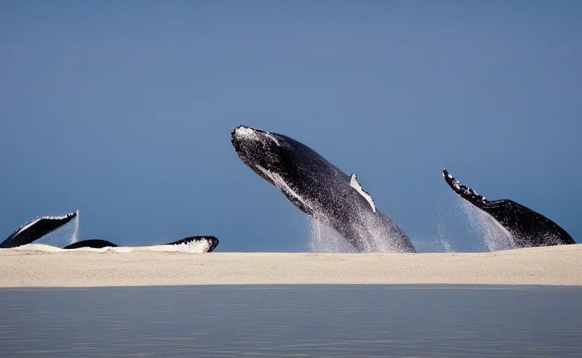 Prompt: whales jumping into sand dunes, photography