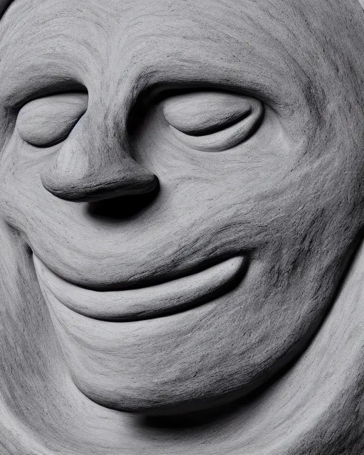 Image similar to dark grey clay sculpture of a smiling face melting | rough structure | uhd | high contrast