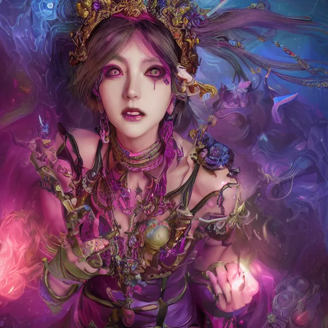 Image similar to the portrait of chaotic evil fallen colorful female necromancer overlord as absurdly beautiful, elegant, young idol, an ultrafine hyperdetailed illustration by kim jung gi, irakli nadar, detailed faces, intricate linework, bright colors, octopath traveler, unreal engine 5 highly rendered, global illumination, radiant light, detailed and intricate environment, 8 k