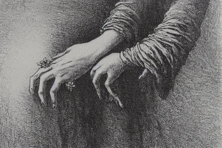 Prompt: close-up flower in hands, soft light, Gustave Dore lithography