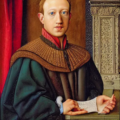 Prompt: portrait of mark zuckerberg, oil painting by jan van eyck, northern renaissance art, oil on canvas, wet - on - wet technique, realistic, expressive emotions, intricate textures, illusionistic detail