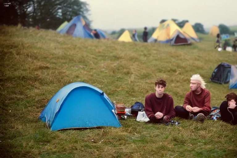 Image similar to candid photo of 3 teenagers camping at Glastonbury, UK, Kodak Portra 200,8K,highly detailed: beautiful perspective closeup environmental portrait photo in style of 2000s retrofuturism, cinema lighting , by beksinski, photography fashion edition, tilt shift, highly detailed, focus on man ;blonde hair;blue eyes, clear eyes, soft lighting