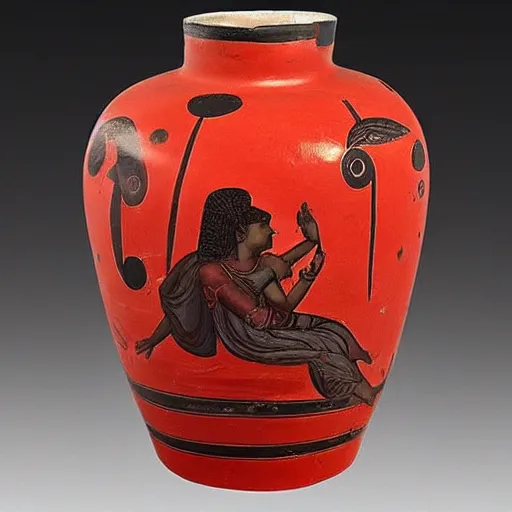 Prompt: red and black greek pottery showing hera scolding aphrodite and artemis for posting divine secrets on twitter