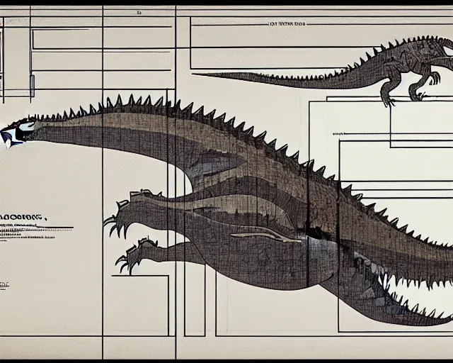 Prompt: a full page of a mechanical blueprint showing the interior of godzilla, with a big head, muted colors, post grunge, studio ghibli, hq,