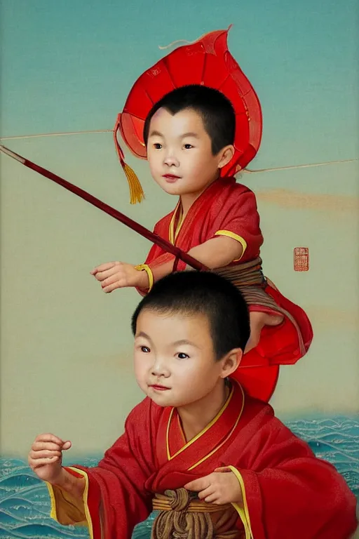 Image similar to a masterpiece portrait of legendry nezha flies riding on the wind fire wheels across the sea, water everywhere, chinese mythology, chinese male child, cute face, side view, red cloth around his shoulders, hold spear, cinematic, fantasy character portrait, highly detailed, by ne zha ( 2 0 1 9 ), fenghua zhong, bob byerley