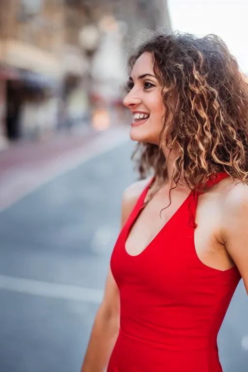 Image similar to blurry close up photo portrait of a smiling pretty woman in a red sleeveless dress, out of focus, street scene