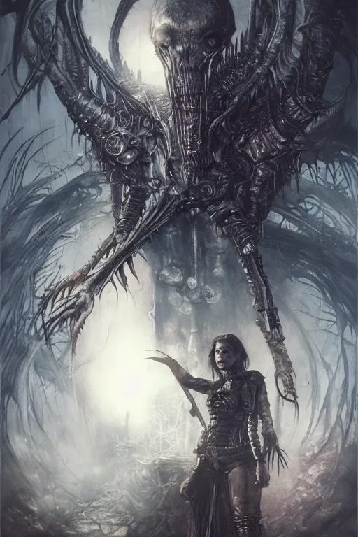 Image similar to portrait of hannah murray by hr giger, greg rutkowski, luis royo and wayne barlowe as a diablo, resident evil, dark souls, bloodborne monster