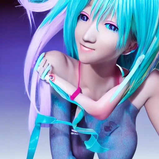 Prompt: hatsune miku as a real girl, anatomically correct, vibrant, realistic, 3 d render, maya - n 9
